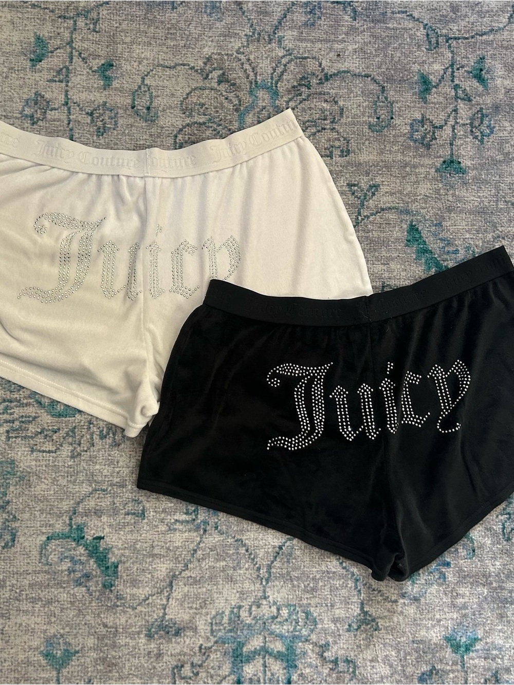 Set of Juicy Couture Rhinestone Logo Velour Shorts - White and Black